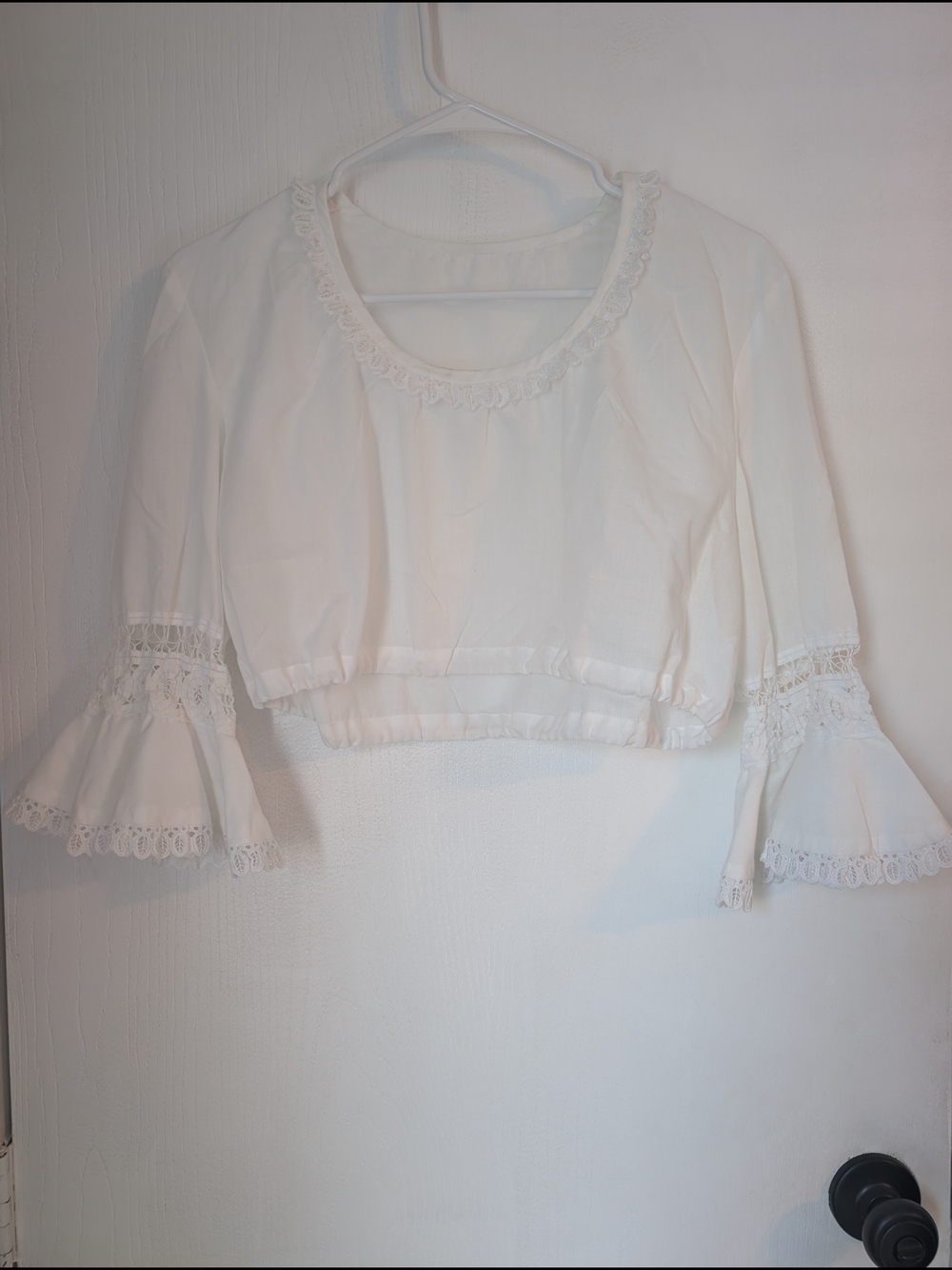 White Lace-Trim Peasant Blouse with Bell Sleeves